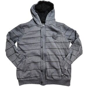 Zoo York Button Front Hoodie Men Large Gray Striped Sherpa Lined Skater Jacket *